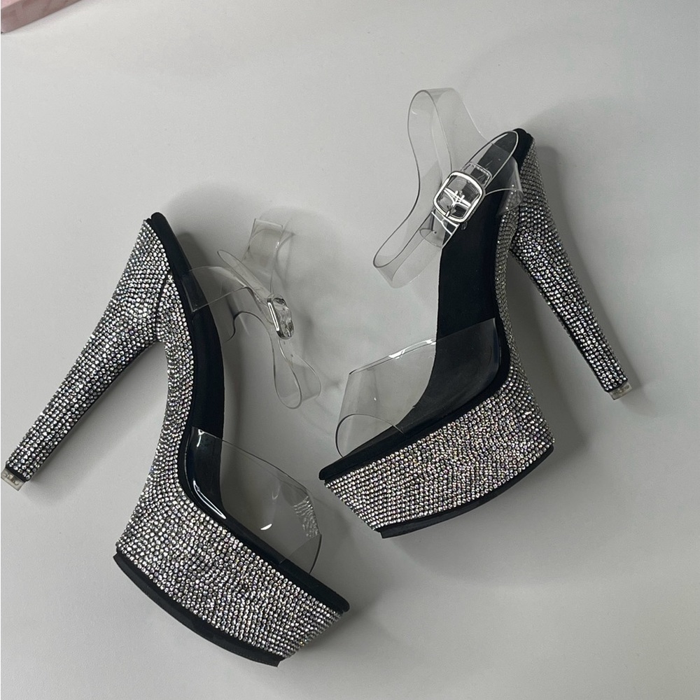 Clear strap heels rhinestone heel platform